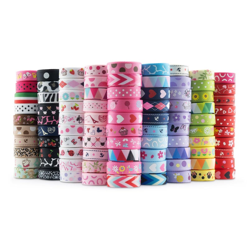 Summer-Ray.com Summer-Ray 180 Yards Printed Grosgrain Ribbon â€“ 3/8" (10mm) Wide â€“ 90 Unique Designs, 2 Yards Each â€“ Polyester, Colorfast & Machine Washable â€“ Perfect for Crafts, Sewing & Hair Accessories - Image 1
